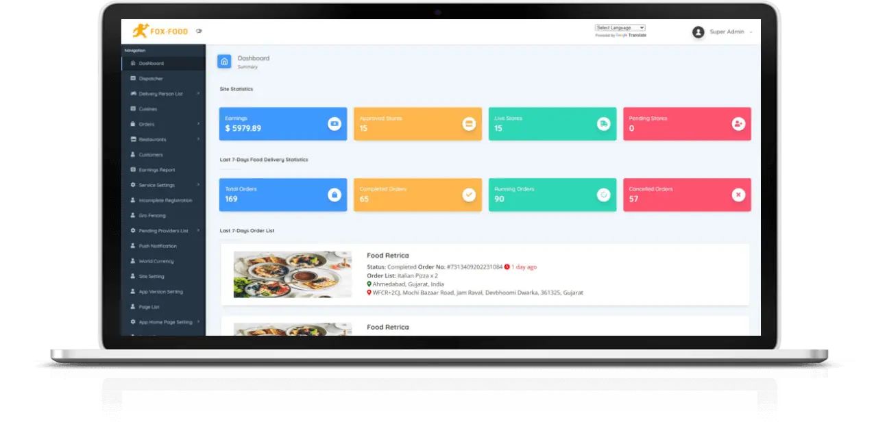 fox food admin panel mockup