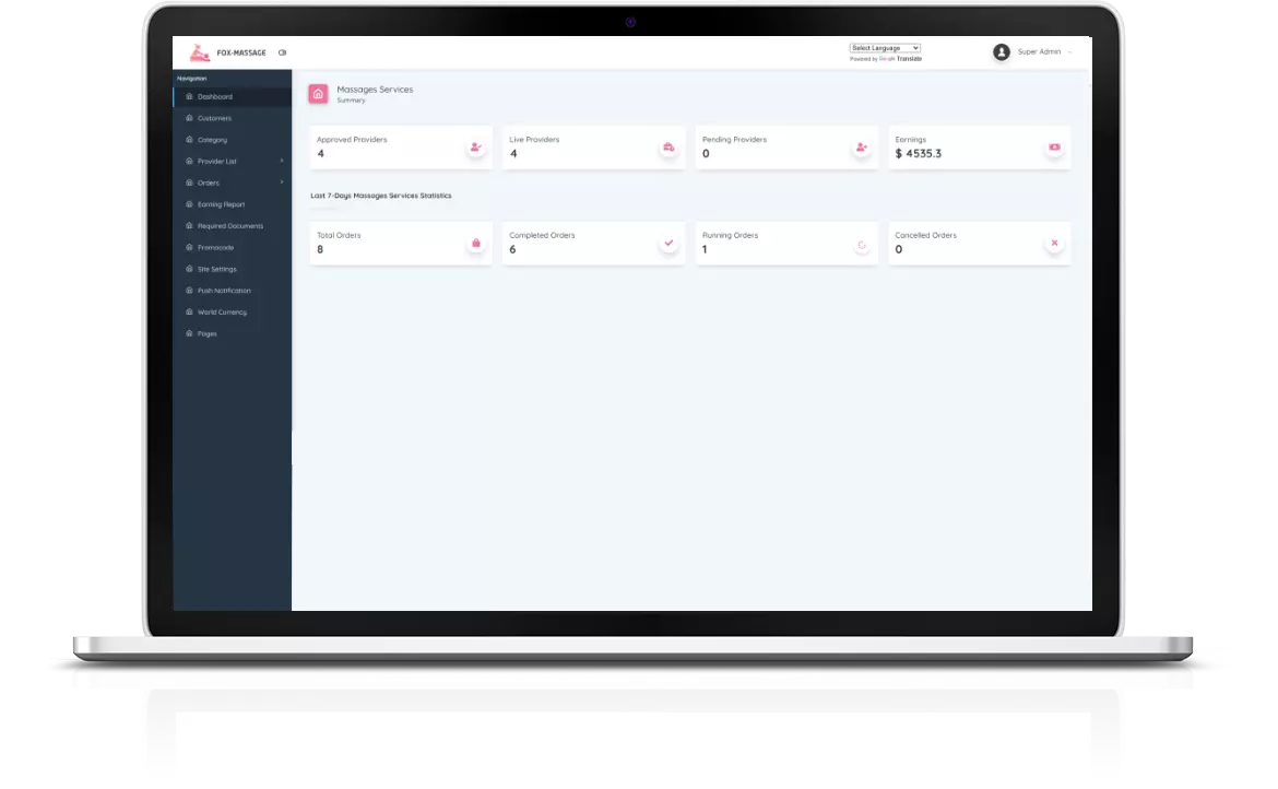 Fox Massage Admin Panel Mockup
